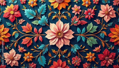 Intricate floral textile design, repeating motif , print, craft