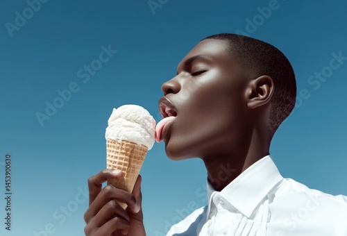 Androgynous African young man in crisp white shirt sensually licking vanilla ice cream cone under clear blue sky in summer light