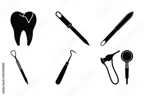 Dental Tools and Damaged Tooth Icon Set Black Silhouette Illustrations