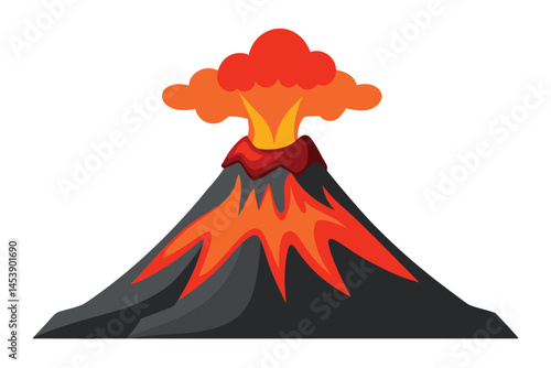 A cartoon volcano erupts with lava and ash; the background is transparent