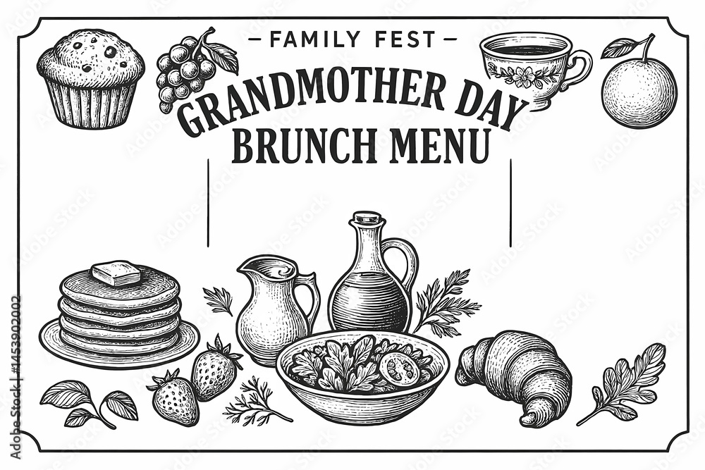 Grandmother Day menu template for home fest. Design template with hand-drawn graphic illustrations