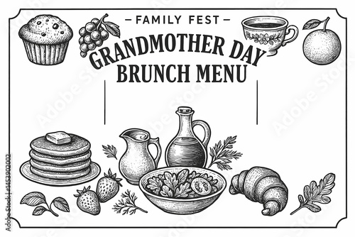 Obraz na płótnie Grandmother Day menu template for home fest. Design template with hand-drawn graphic illustrations w salonie
