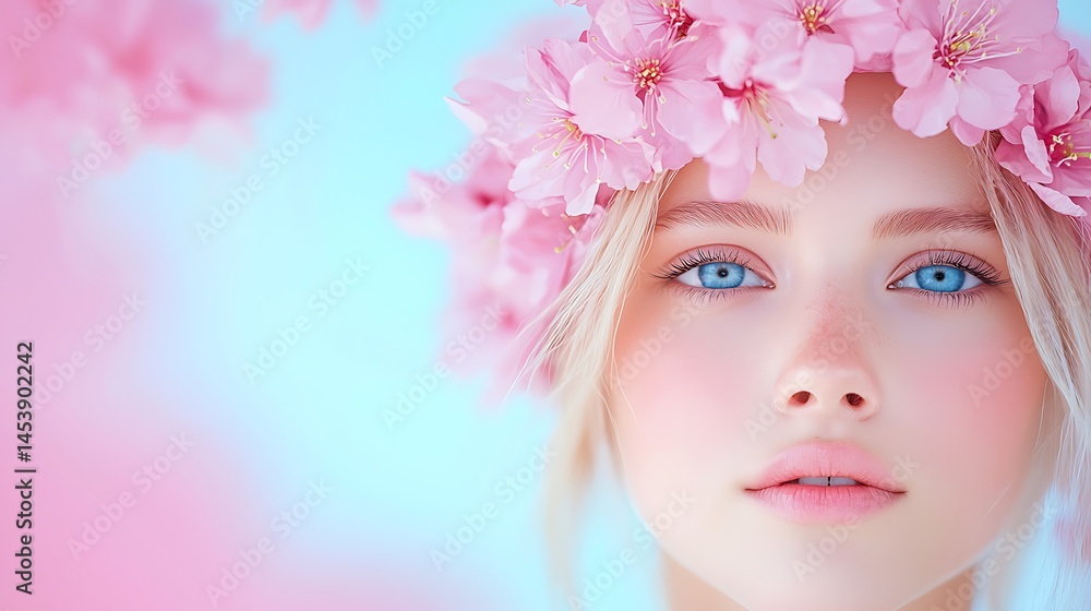 Portrait of a Young Woman with Pink Blossoms Crown Portrait of a Young Woman with Pink Blossoms Crown