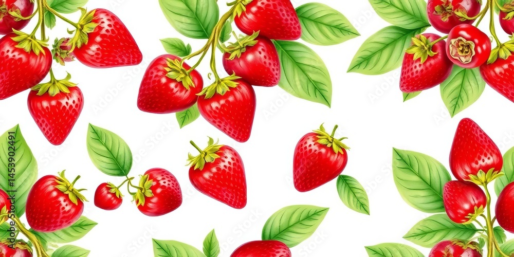 Watercolor strawberry seamless pattern, vibrant red berries and green leaves on white background, summer, print Watercolor strawberry seamless pattern, vibrant red berries and green leaves on white background, summer, print