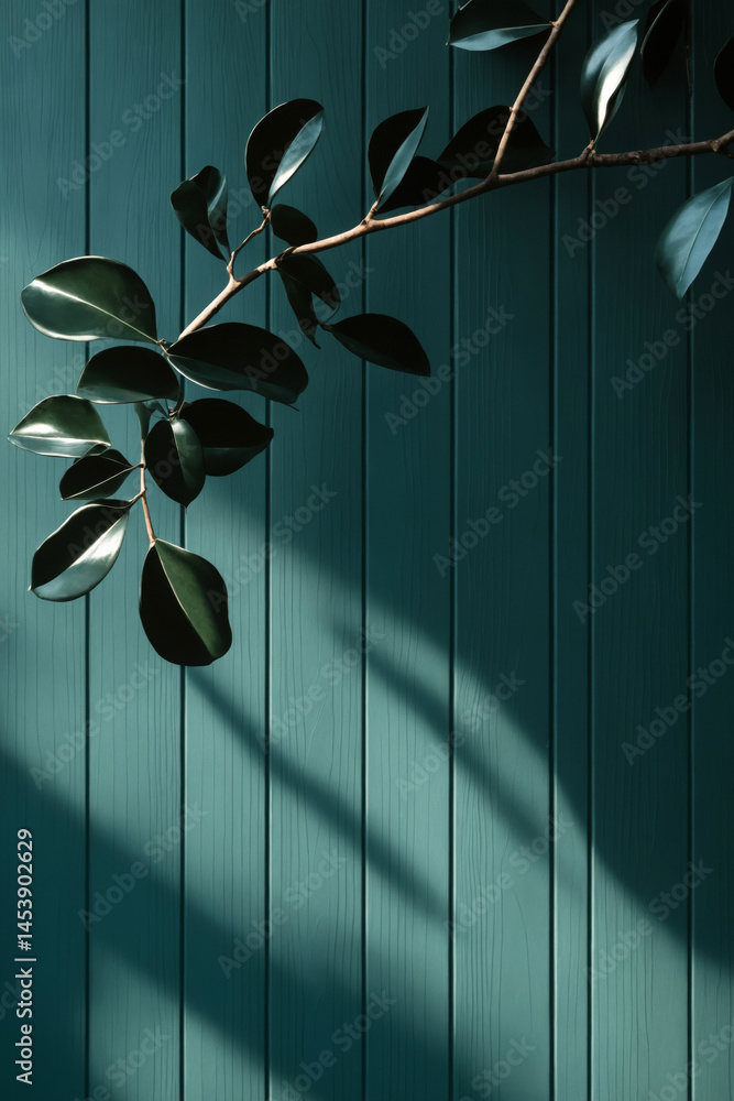 leaves on green wall. Minimalistic background with blurred foliage shadow