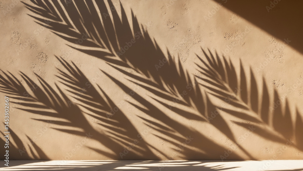 Minimalistic light background with palm foliage shadow on beige wall