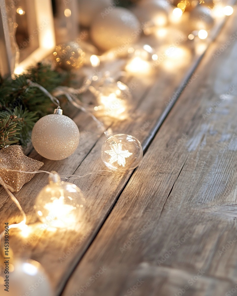 Fototapeta premium Rustic Christmas decorations arranged flat on a textured wooden surface paired with warm white lighting create a cozy festive atmosphere and a shallow depth of field effect.
