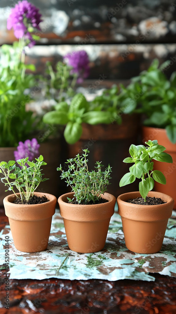 Three small potted herbs, possibly basil, thyme, and oregano, sit on a wooden table with a blue and white patterned cloth underneath Three small potted herbs, possibly basil, thyme, and oregano, sit on a wooden table with a blue and white patterned cloth underneath