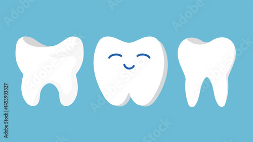 Cartoon teeth characters. Cute tooth mascot face emoji, vector illustration, on blue background 