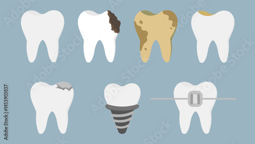 Teeth dental icon set isolated, vector illustration, on blue background 