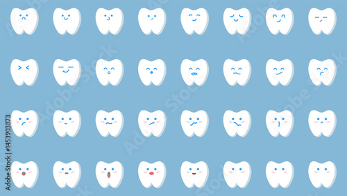 Cartoon teeth characters. Cute tooth mascot face emoji, vector illustration, on blue background 