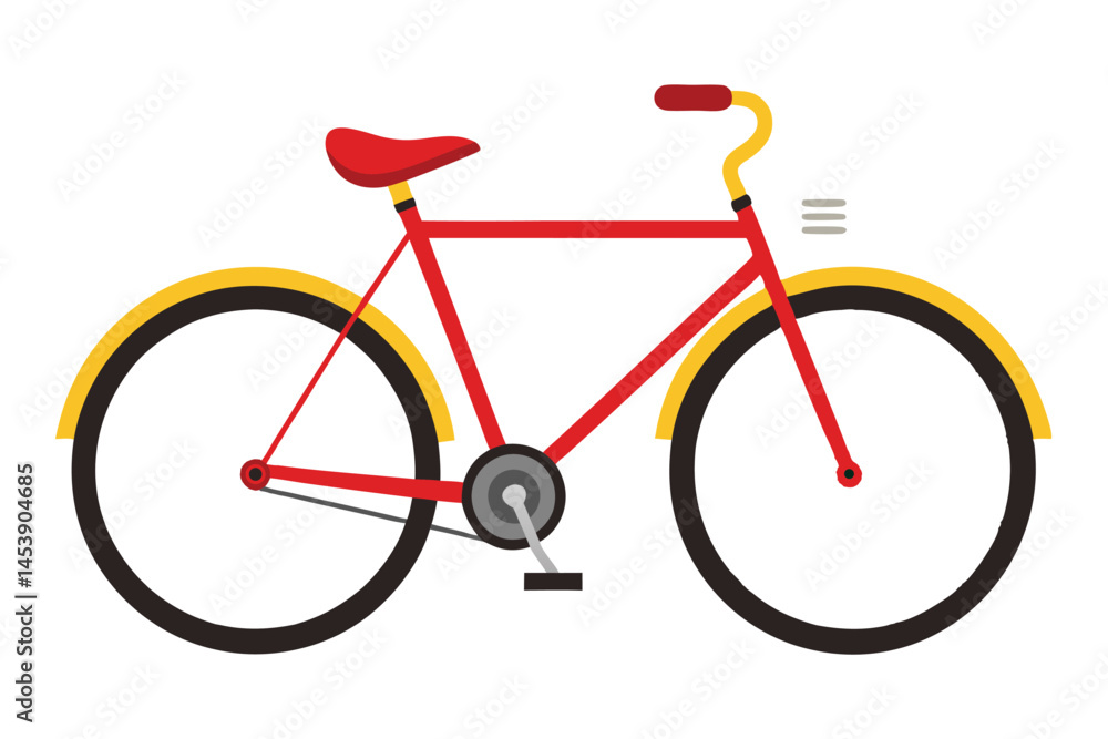 Obraz premium A simple red bicycle with yellow fenders offers a minimalist transportation solution on white