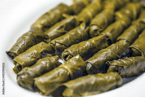 Close-up of tightly rolled, glossy dark green yaprak sarma, a traditional Turkish dish, arranged on a white dish.