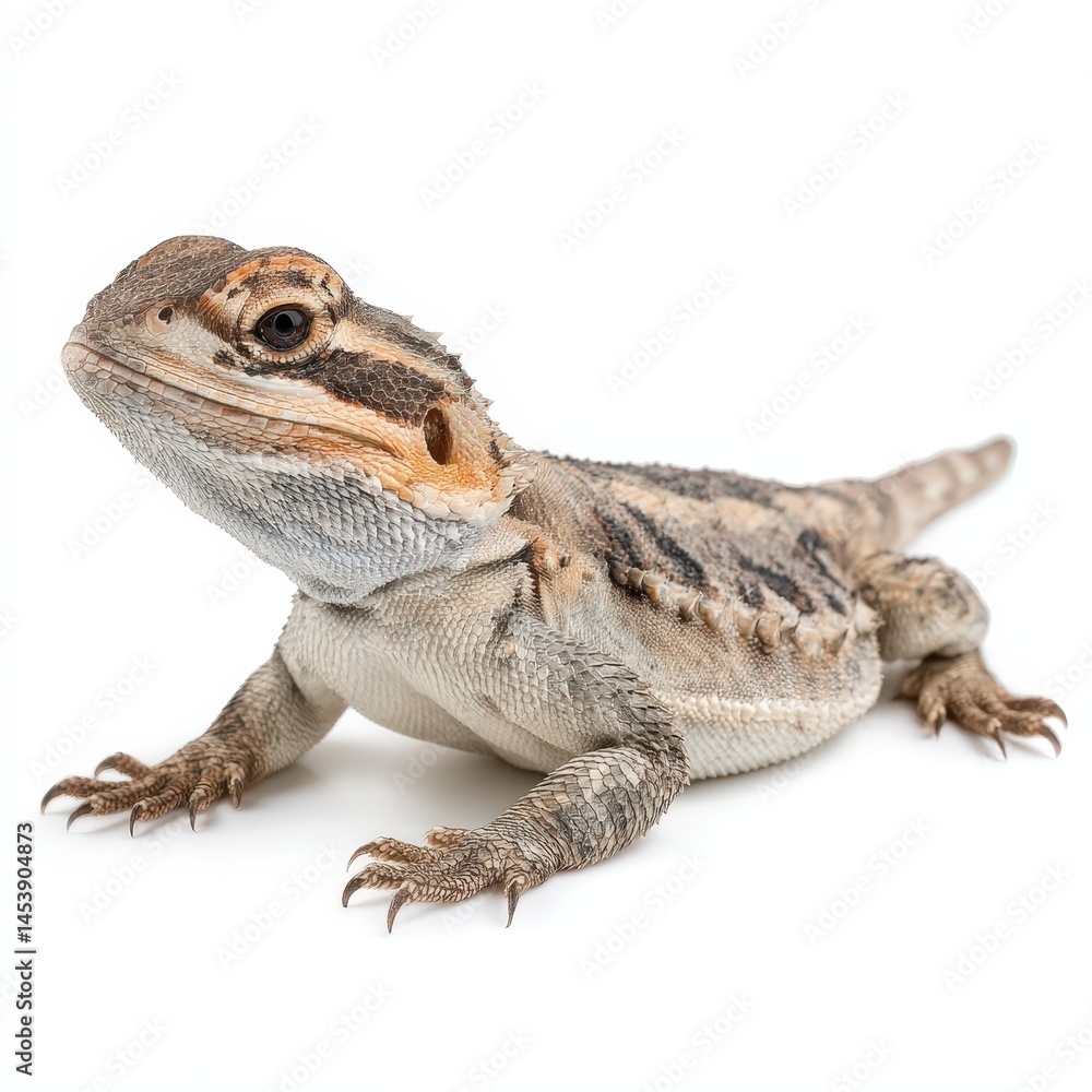 Naklejka premium Juvenile Bearded Dragon Lizard Posing on White Background Reptile Pet Animal Studio Shot