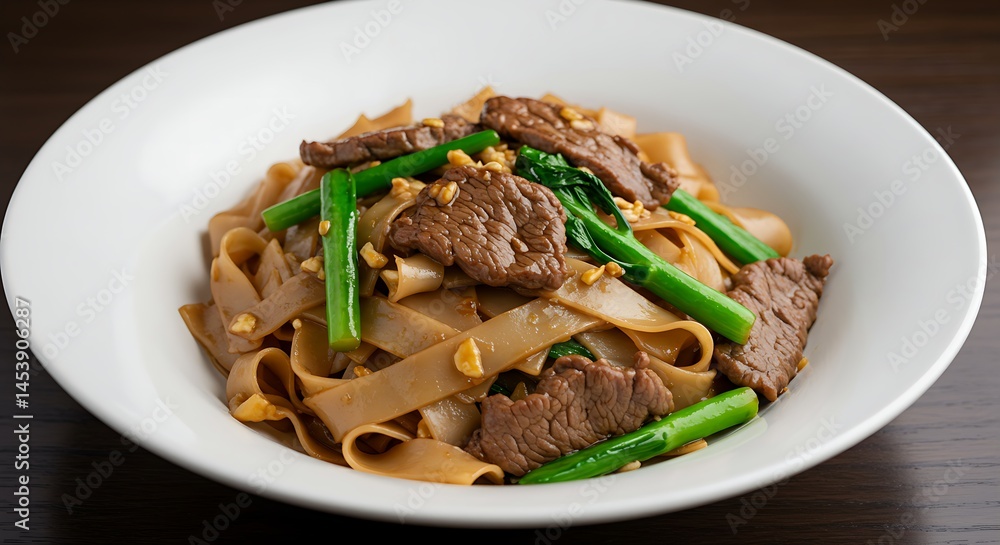 Pad See Ew with beef and Chinese broccoli in a white bowl Pad See Ew with beef and Chinese broccoli in a white bowl