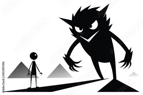 A tiny stick figure stares up at a massive, shadowy monster with sinister grin