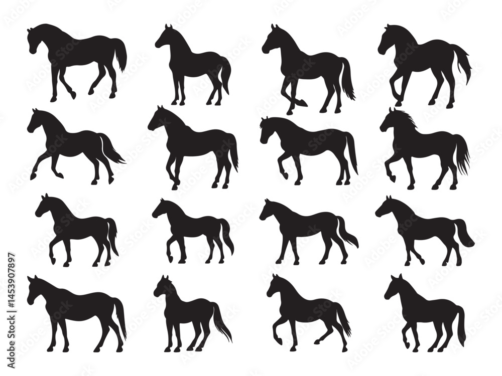 Obraz premium Set of black running horse silhouettes 16