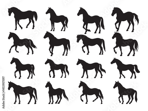 Set of black running horse silhouettes 16