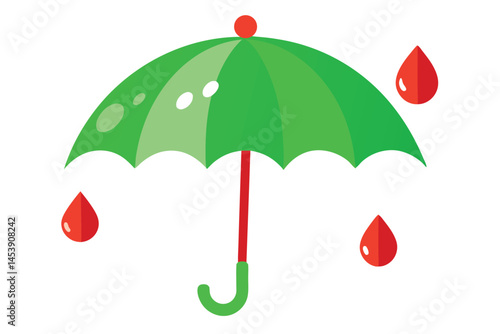 A vivid green umbrella holds steady against a simple shower of red raindrops on white