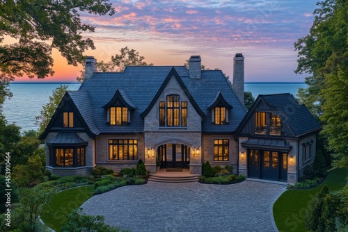 Image of a large luxury home's exterior with an attached garage, situated on the shores of lake Michigan in a scenic neighborhood, complete with a driveway and landscaping, captured from an aerial