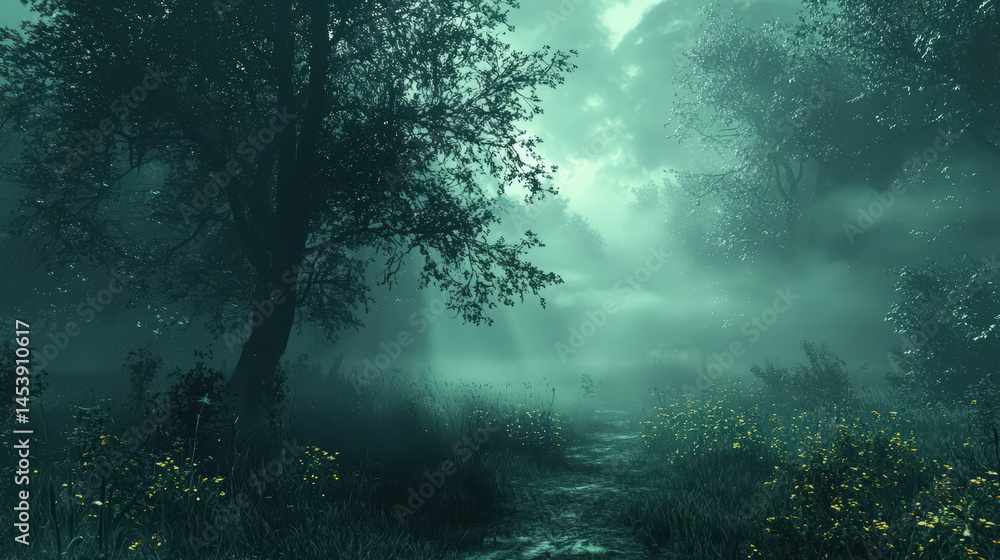Obraz premium Soft Ethereal Foggy Forest Background Ultra Realistic portrayal of mist weaving through pine silhouettes, bathed in diffused emerald and silvery light at first light background jpg