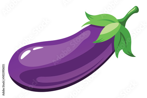 An eggplant with bright purple skin and vivid green leaves stands out beautifully