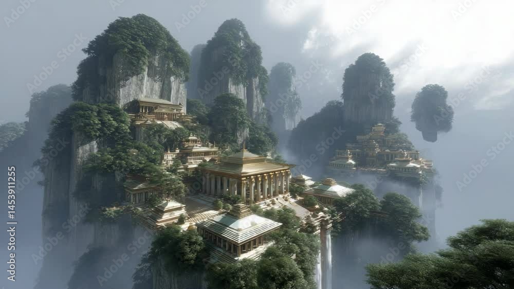 Fantasy landscape showcasing ancient golden palaces perched atop lush, green mountains enveloped in mystical fog and cascading waterfalls. Fantasy landscape showcasing ancient golden palaces perched atop lush, green mountains enveloped in mystical fog and cascading waterfalls.