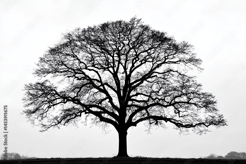 Majestic silhouette of a large tree against a cloudy sky in a serene landscape Majestic silhouette of a large tree against a cloudy sky in a serene landscape