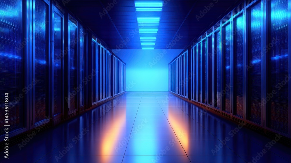 Futuristic data center corridor illuminated by blue and orange lights with sleek servers