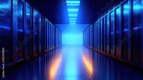 Obraz na płótnie Futuristic data center corridor illuminated by blue and orange lights with sleek servers w salonie