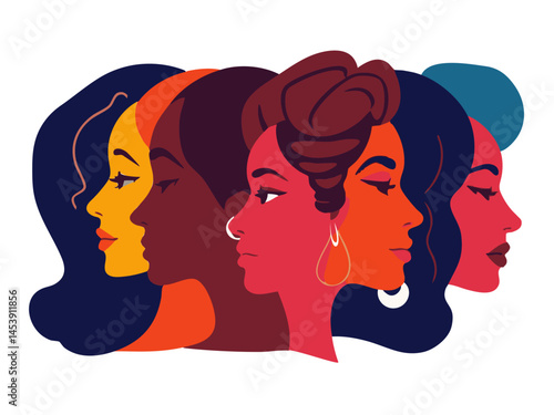 International women's day concept poster. Women's History Month banner. Different women stand together. Celebrating Women s History Month Diverse women s profiles in bold colors and graphic style.