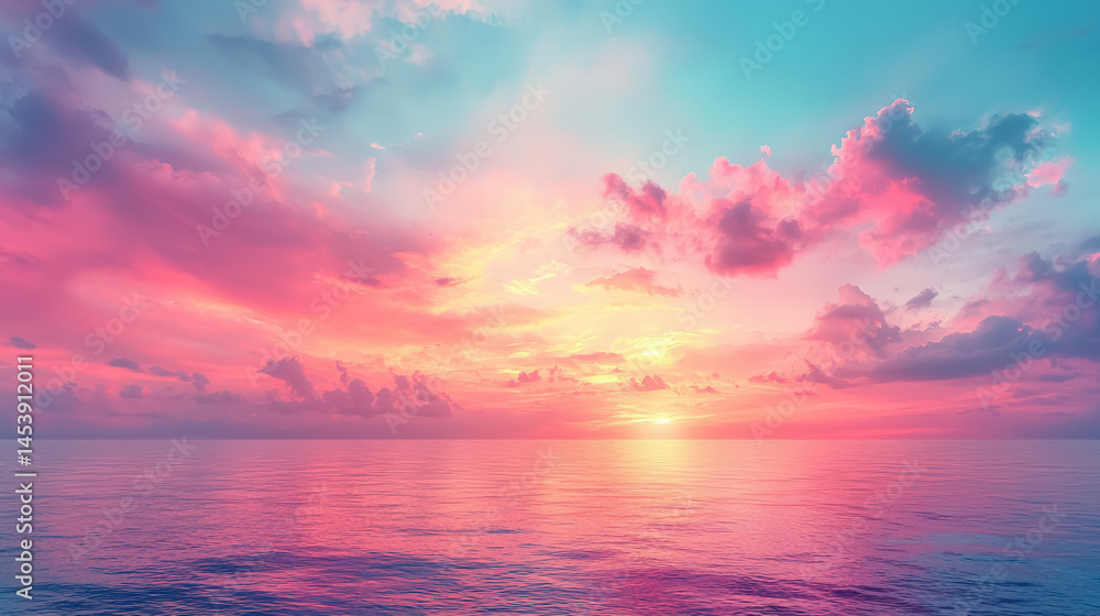 Fototapeta premium Soft Sunset Pastel Sky Background Ultra Realist depiction of horizon awash in peach, lavender, and rose gold, where dying daylight fades into dusky mauve above calm coastal silhouettes background jpg