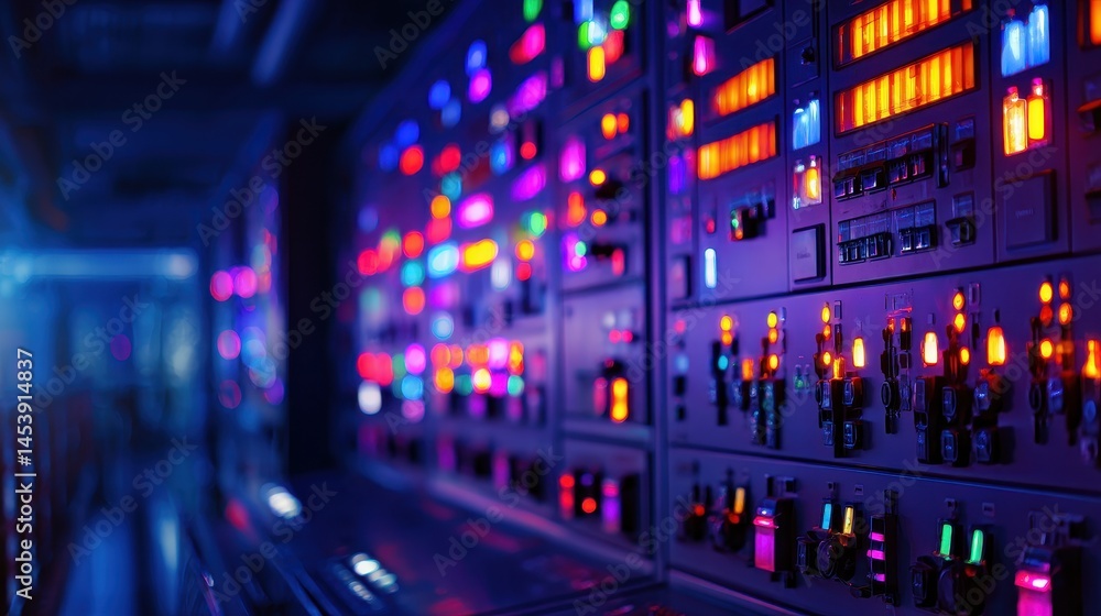 Colorful control panel with illuminated buttons and screens in a high-tech environment Colorful control panel with illuminated buttons and screens in a high-tech environment