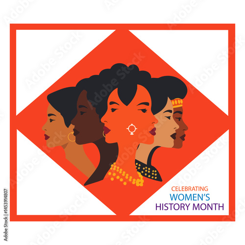 International women's day concept poster. Women's History Month banner. Different women stand together. Celebrating Women s History Month Diverse women s profiles in bold colors and graphic style.