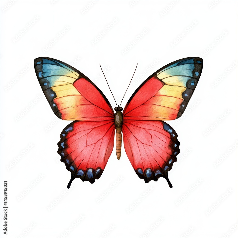 Vibrant Red Butterfly with Blue Tips on Wings, Detailed Illustration Vibrant Red Butterfly with Blue Tips on Wings, Detailed Illustration