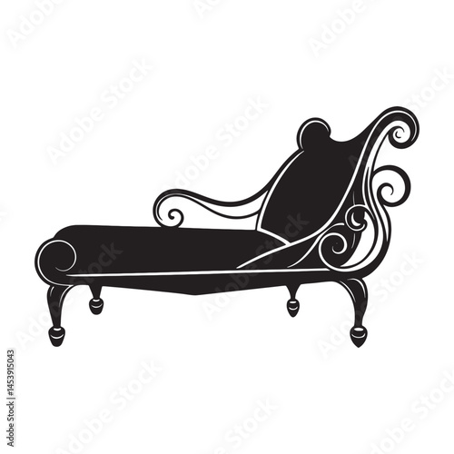 Black and white Victorian chaise lounge vector art illustration.