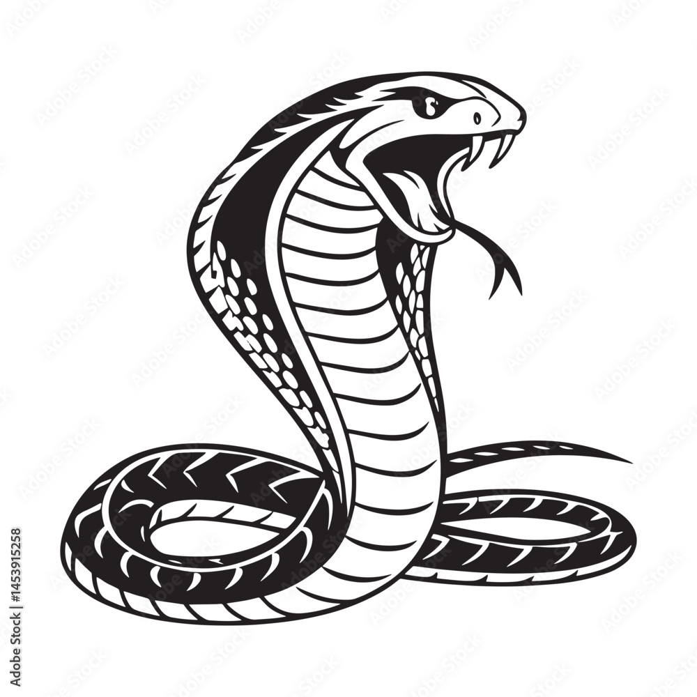 Fototapeta premium Black and white cobra snake vector art silhouette.