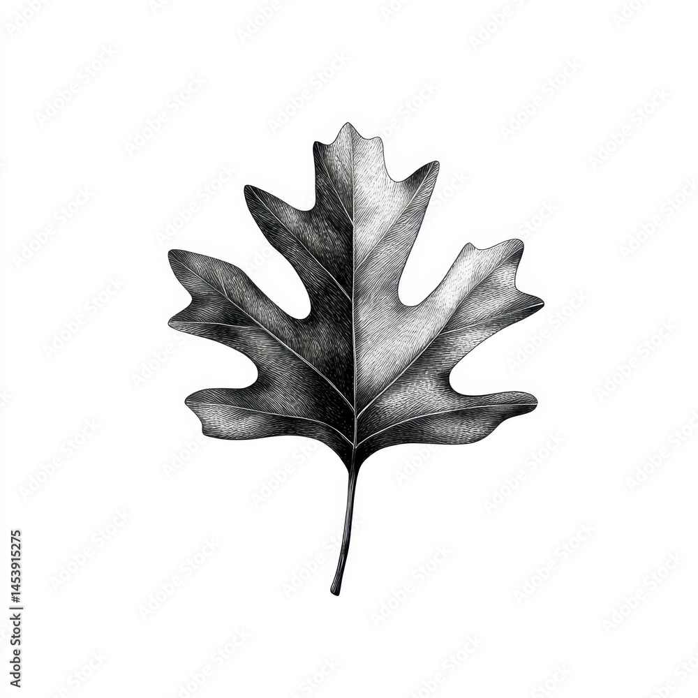 Naklejka premium Detailed Black and White Illustration of a Maple Leaf on White Background