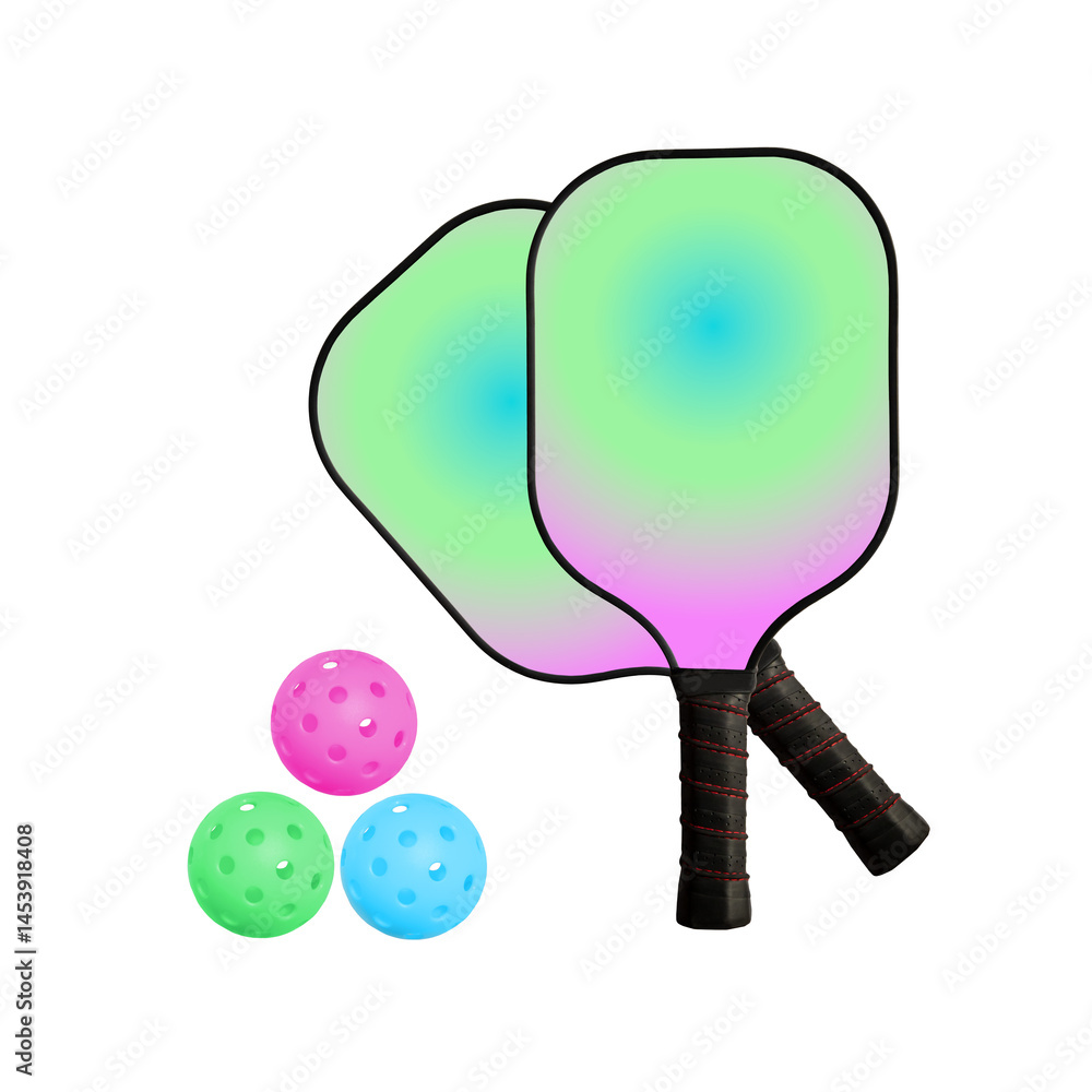 Color gradient pickleball paddles with three vibrant hole-pattern balls.