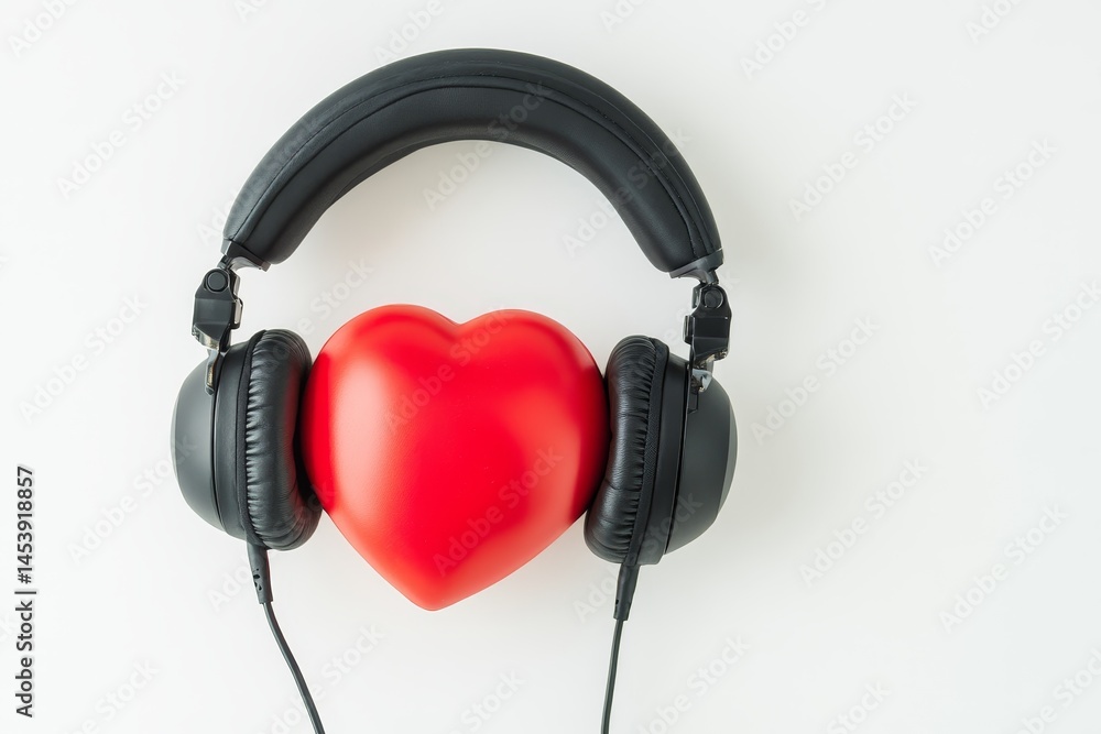 From above, a decorative heart and modern headphones are displayed against a white background From above, a decorative heart and modern headphones are displayed against a white background