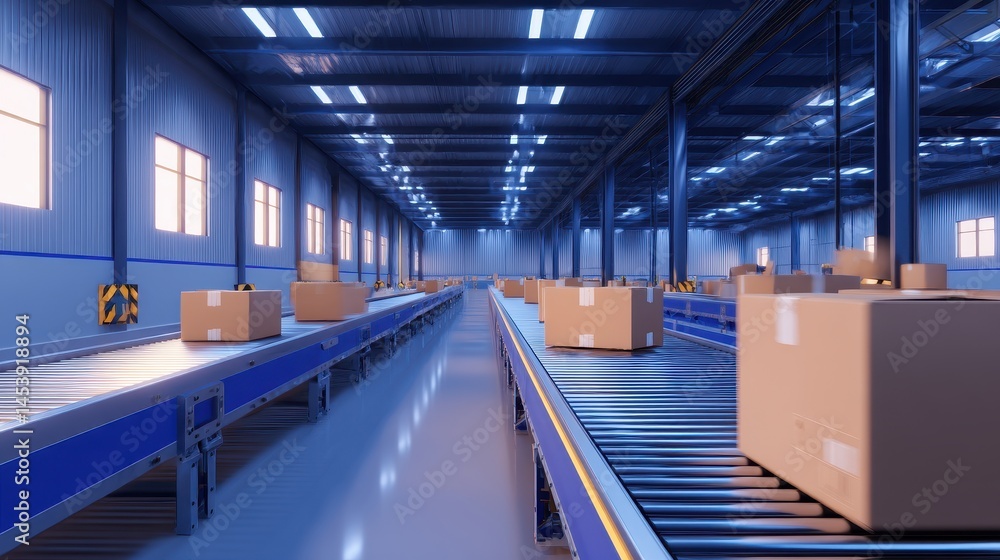 Fototapeta premium Modern warehouse interior with conveyor belts transporting cardboard boxes in a busy environment