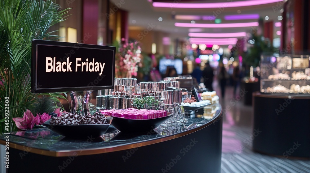 A Black Friday display with treats and signage in a blurred shopping mall setting A Black Friday display with treats and signage in a blurred shopping mall setting