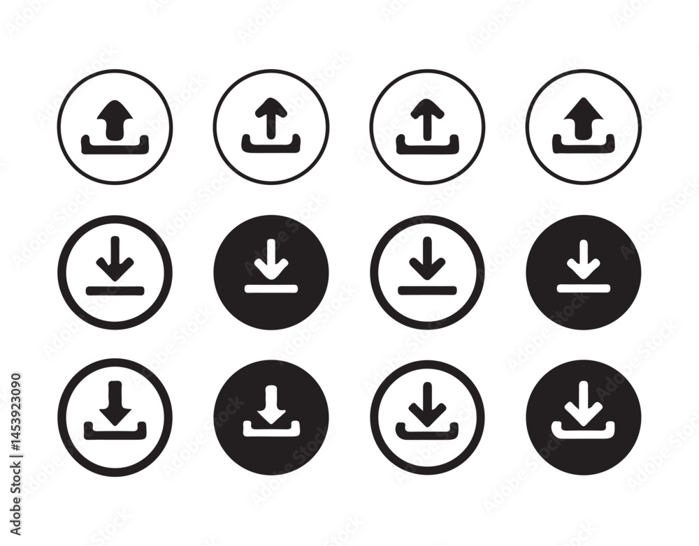 Download and upload icon buttons set. Files download and upload icons symbol in line and flat style on white background. vector illustration eps 10. Download and upload icon buttons set. Files download and upload icons symbol in line and flat style on white background. vector illustration eps 10.