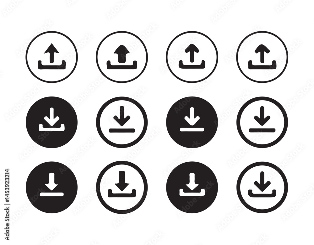 Download and upload icon buttons set. Files download and upload icons symbol in line and flat style on white background. vector illustration eps 10. Download and upload icon buttons set. Files download and upload icons symbol in line and flat style on white background. vector illustration eps 10.