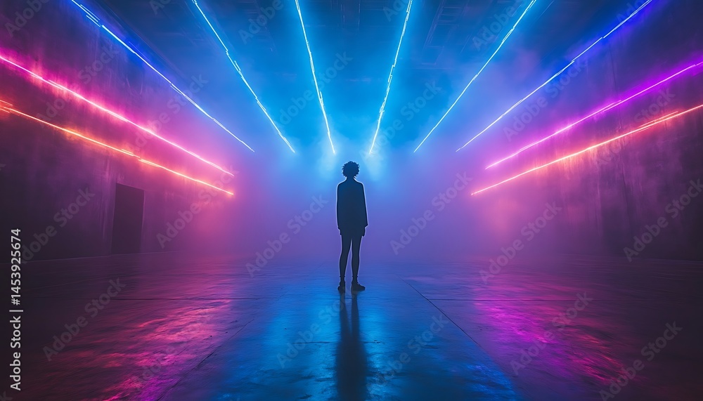 Silhouette figure in a vibrant neon light environment. Silhouette figure in a vibrant neon light environment.