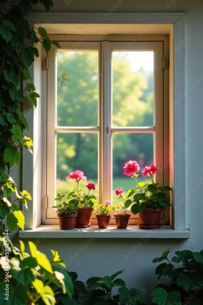 Naklejka premium Sunlight illuminates vibrant potted flowers on a windowsill, overlooking a serene garden scene.