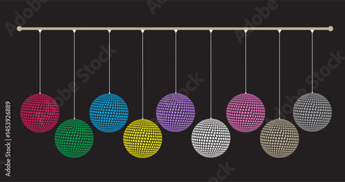 Hanging colored spheres with hexagram patterns on a black background