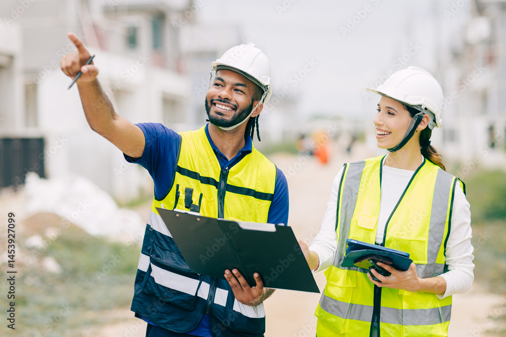 Construction Engineer team, Engineers teamwork man and women working together at construction site Construction Engineer team, Engineers teamwork man and women working together at construction site