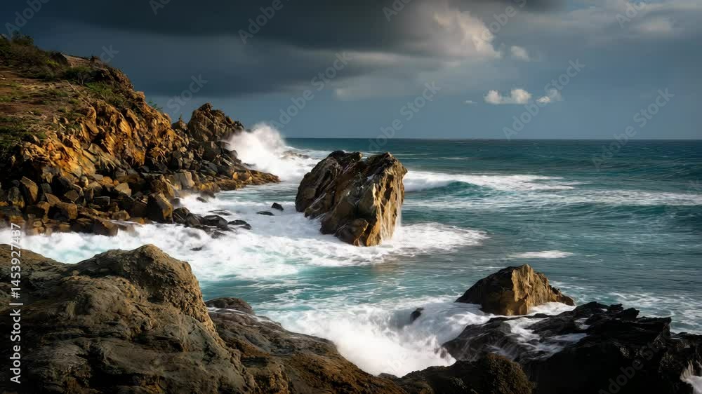 Ocean waves crashing against rocks along a rocky shore under a cloudy sky in a tropical landscape Ocean waves crashing against rocks along a rocky shore under a cloudy sky in a tropical landscape