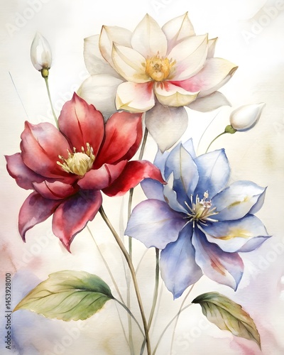 Wallpaper Mural Botanical Watercolor Trio, Ruby Red, Periwinkle and Ivory Flowers with Gold Details on White Torontodigital.ca